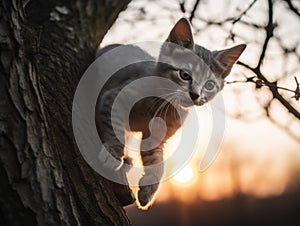 A kitten climbing up a tree with the sun setting in the background. Generative AI image.