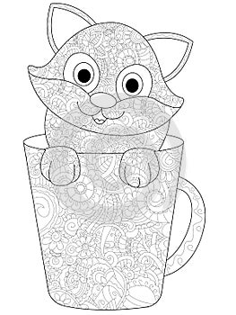 Kitten in a cup coloring raster for adults