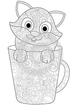 Kitten in a cup coloring vector for adults
