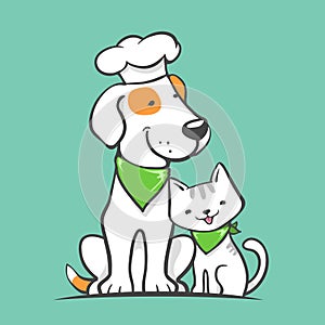 Kitten and dog with chef cap pet food logo illustration. vector