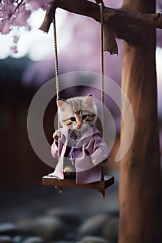 Kitten dressed in Hanfu on top of a swing in the alley