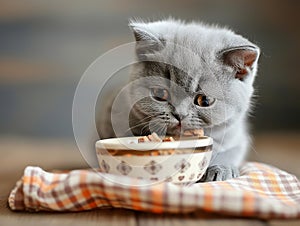 kitten eats kibble from his plate