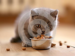 kitten eats kibble from his plate