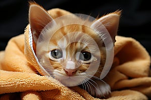 Kitten Enjoying Cozy Comfort in Bath Towel, Post-Bath Cuddles and Warm Snuggles photo