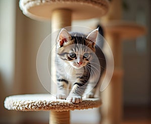 Kitten Exploring a Multi-Level Cat Tree