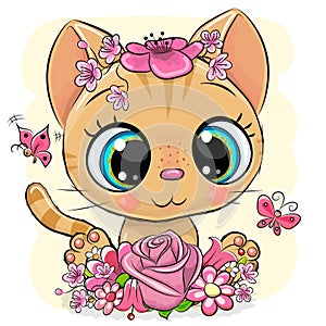 Kitten with flowers on a yellow background