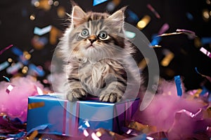 A kitten in a gift box. On the background bright confetti, ribbons. Concept for a postcard