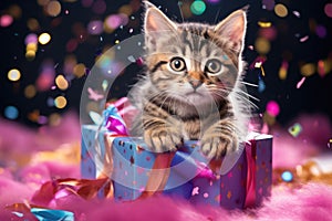 A kitten in a gift box. On the background bright confetti, ribbons. Concept for a postcard