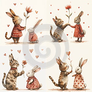 The kitten gives flowers to the hare. Adorable watercolor nursery illustration for Valentine\'s Day greeting or Wedding