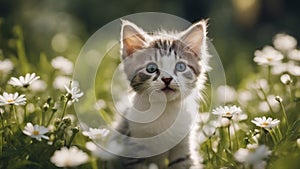 kitten on the grass A tiny kitten with a soft, striped coat, meowing playfully as it explores a lush garden