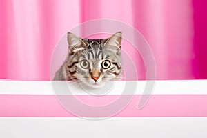 Kitten head with paws up peeking over blank sign placard. Pet kitten curiously peeking behind background