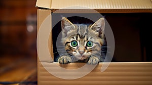 Kitten head with paws up peeking over blank sign placard. Pet kitten curiously peeking behind background