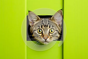 Kitten head with paws up peeking over blank sign placard. Pet kitten curiously peeking behind background