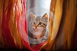 kitten hiding behind a curtain, feather toy in sight