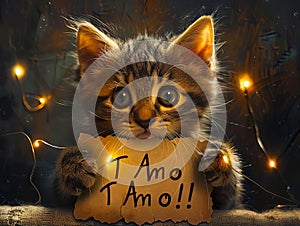 A kitten holding a sign that says i am tomo photo