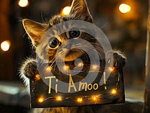 A kitten holding up a sign that says ti amo photo