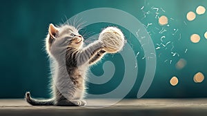 A Kitten Holding a White Ball of Wool