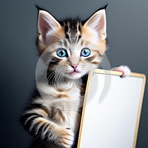 Kitten holding a white board on a black background,generated illustration with AI