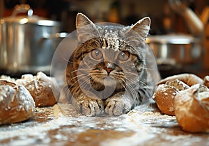 Kitten that invaded the kitchen and is covered in flour. AI generated photo