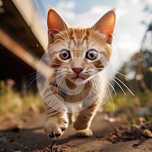 Kitten jumping outside in the air cure fur soft light running