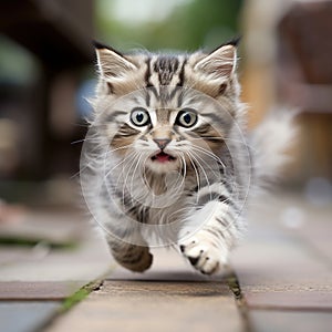 Kitten jumping outside in the air cure fur soft light running