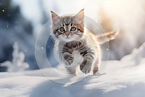 Kitten jumping snow winter. Generate Ai