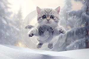 Kitten jumping winter. Generate Ai