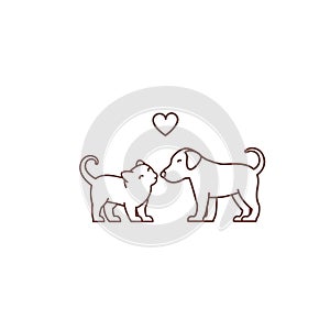 Kitten kisses puppy logo or icon. Friendship of the species. Love and heart. Cat and dog. Pet Shop. Outline contour line vector