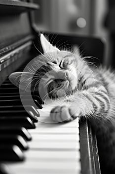 Kitten lays on piano keyboard with its head turned to one side and rests its paw by its face. Generative AI