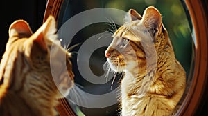 kitten looking at round mirror. Portrait of a cat. The cat is reflected. Hair care. AI Generative