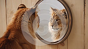 kitten looking at round mirror. Portrait cat. The cat is reflected in a round mirror. AI Generative