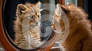 kitten looking at round mirror. Portrait cat. The cat is reflected in a round mirror. AI Generative