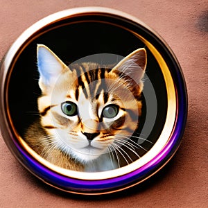 kitten looking at round mirror on table, male lion inside mirror, close up. Generative AI