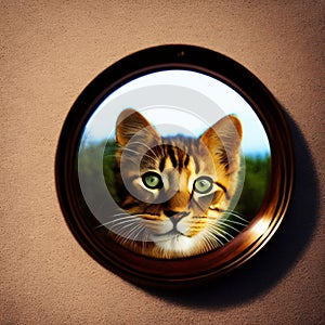 kitten looking at round mirror on table, male lion inside mirror, close up. Generative AI