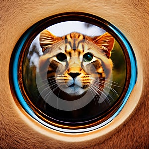 kitten looking at round mirror on table, male lion inside mirror, close up. Generative AI