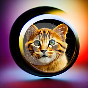 kitten looking at round mirror on table, male lion inside mirror, close up. Generative AI