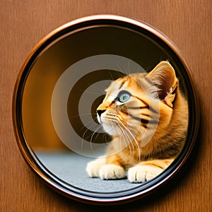 kitten looking at round mirror on table, male lion inside mirror, close up. Generative AI