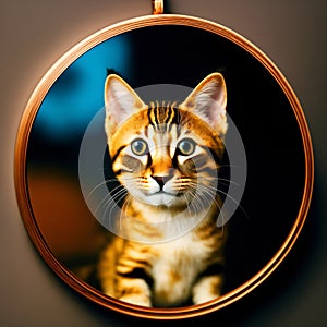 kitten looking at round mirror on table, male lion inside mirror, close up. Generative AI