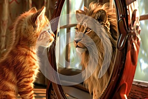 A kitten looks at a mirror, seeing a male lion reflected inside. Generative Ai photo