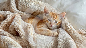 Kitten lounges on soft towels, adorable repose. Ai Generated