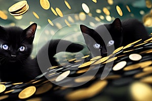 Kitten money, kitten on a pile of money, black cat with money