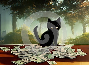 Kitten money, kitten on a pile of money, black cat with money