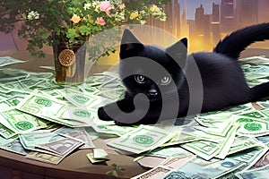 Kitten money, kitten on a pile of money, black cat with money