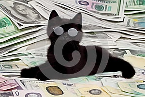 Kitten money, kitten on a pile of money, black cat with money