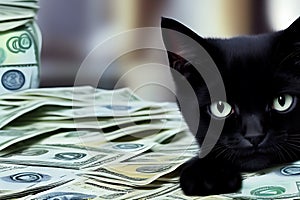 Kitten money, kitten on a pile of money, black cat with money