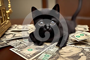 Kitten money, kitten on a pile of money, black cat with money