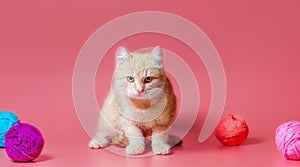 kitten with multi-colored balls of woolen threads on a pink background