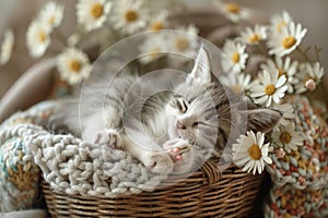 A kitten naps in bliss among daisies, a woven basket cradling its dreams