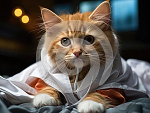 Kitten nurse playfully wrapped in bandage roll