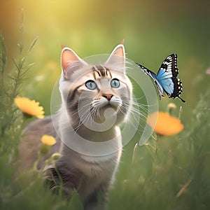 A kitten ooks with surprised eyes at a beautiful blue butterfly